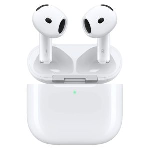 هدفون بلوتوثی اپل مدل AirPods 4 دارای نویز کنسلینگ، درگاه شارژ USB-Type-C و شارژ بی سیم، با قابلیت اتصال به چند دستگاه، پشتیبانی از فرمان لمسی و دستیار صوتی، نشانگر LED، مقاوم در برابر پاشش آب و گرد و غبار