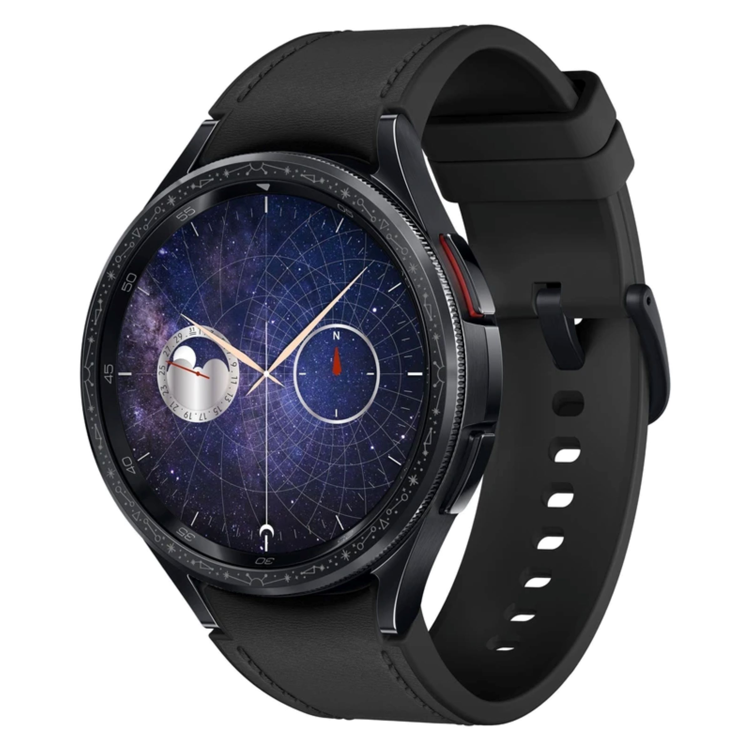 ساعت هوشمند روزمره، ورزشی و رسمی سامسونگ مدل Galaxy Watch6 Classic Astro Edition، سایز قاب 47 میلیمتر، دارای بند سیلیکون، سازگار با سیستم عامل اندروید، دارای سنسورهای شمارنده ضربان قلب و نوار قلب، امکان محاسبه میزان کالری مصرفی